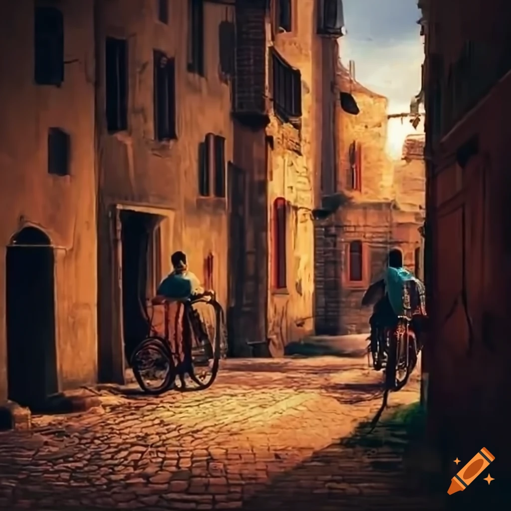 Cyclists in an old village
