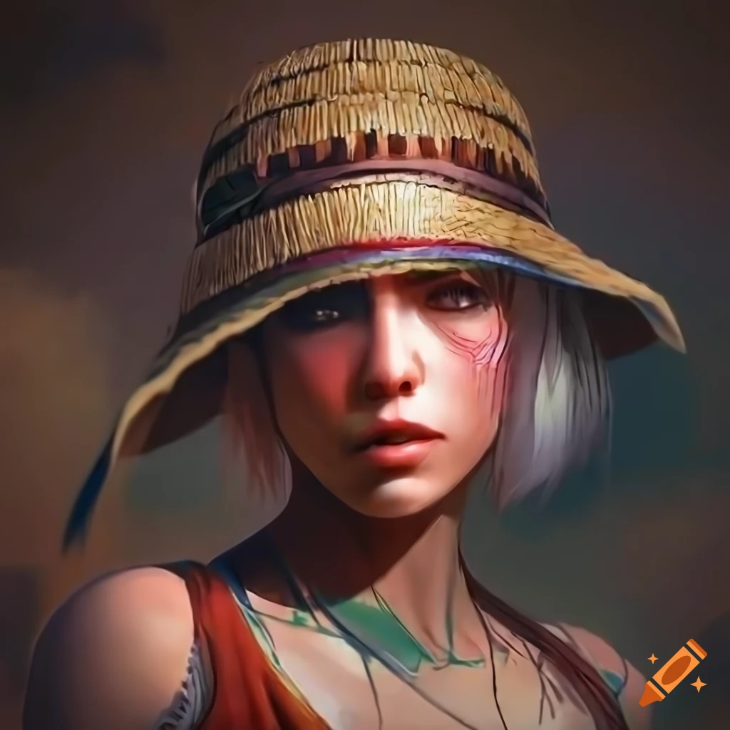 Woman from the video game kenshi with a straw hat and samurai sword on
