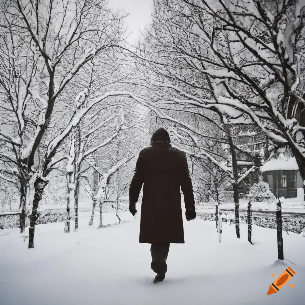 Man in a coat walking in a snowy landscape on Craiyon