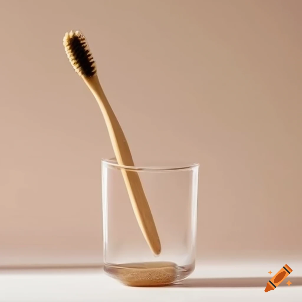 Bamboo toothbrush in transparent glass on light beige background