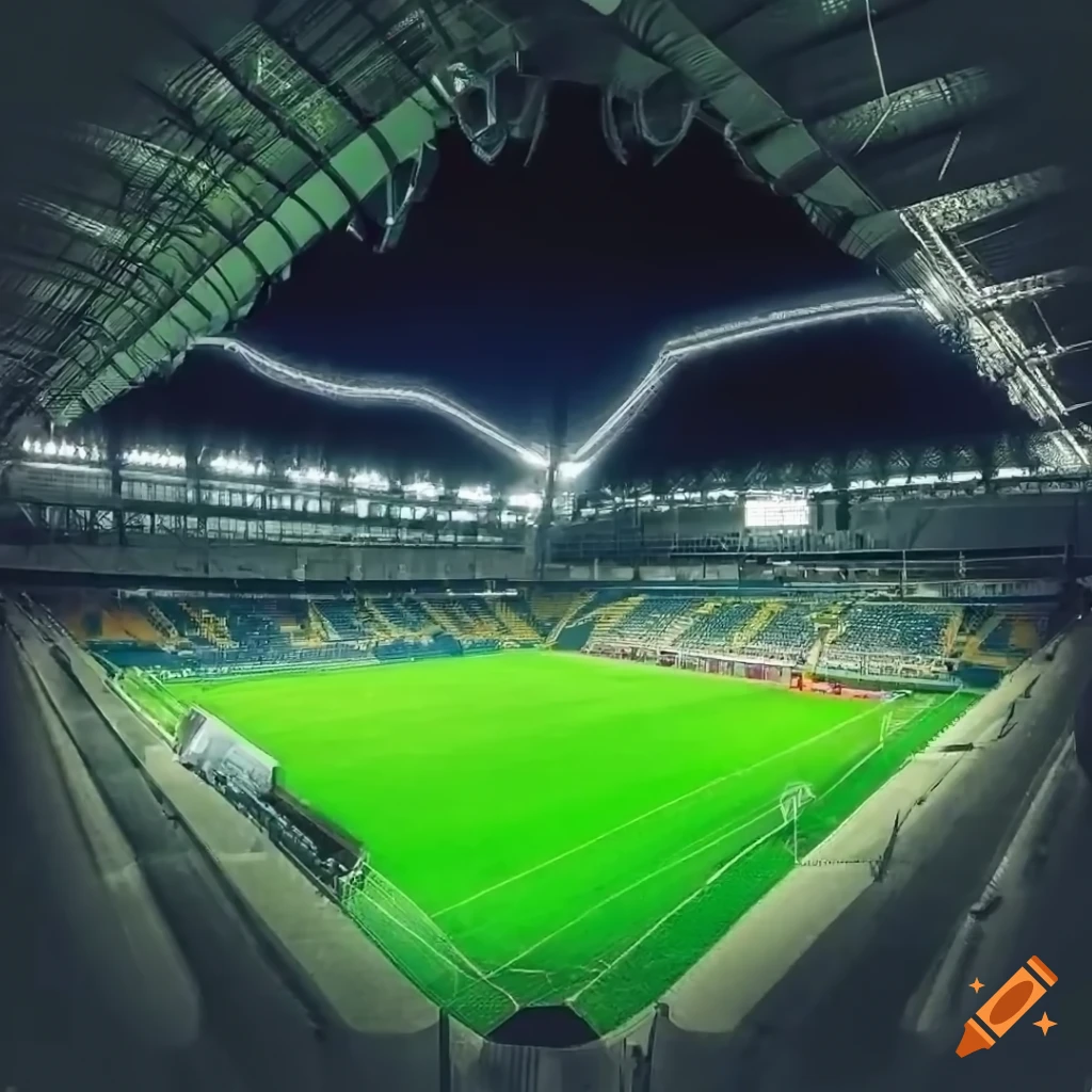 Bird's eye view of a 27000 capacity square soccer stadium with goals on
