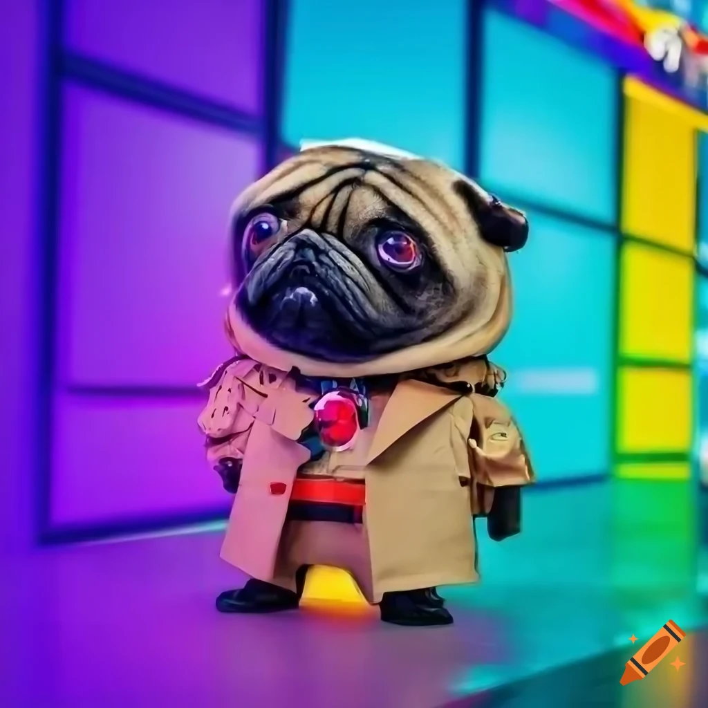Stylish anthropomorphic pug in a futuristic Japanese market with neon billboards