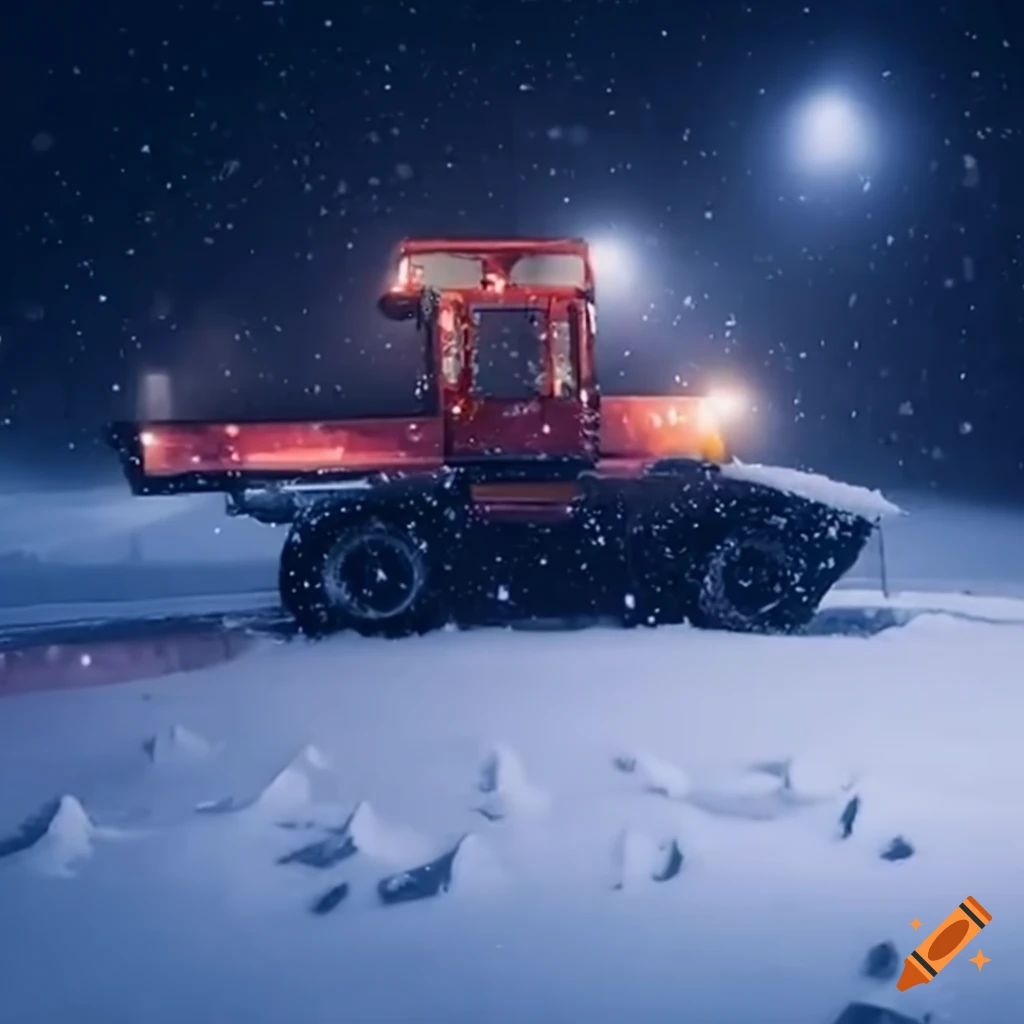 Snowcat traversing snowy blizzard at night on Craiyon
