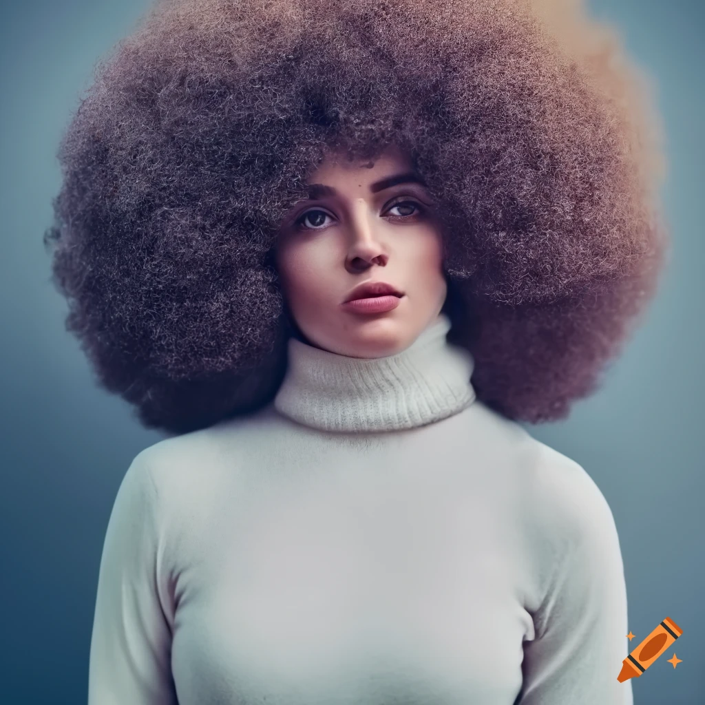 Portrait of a beautiful woman with a large afro and a white turtleneck sweater on a college campus