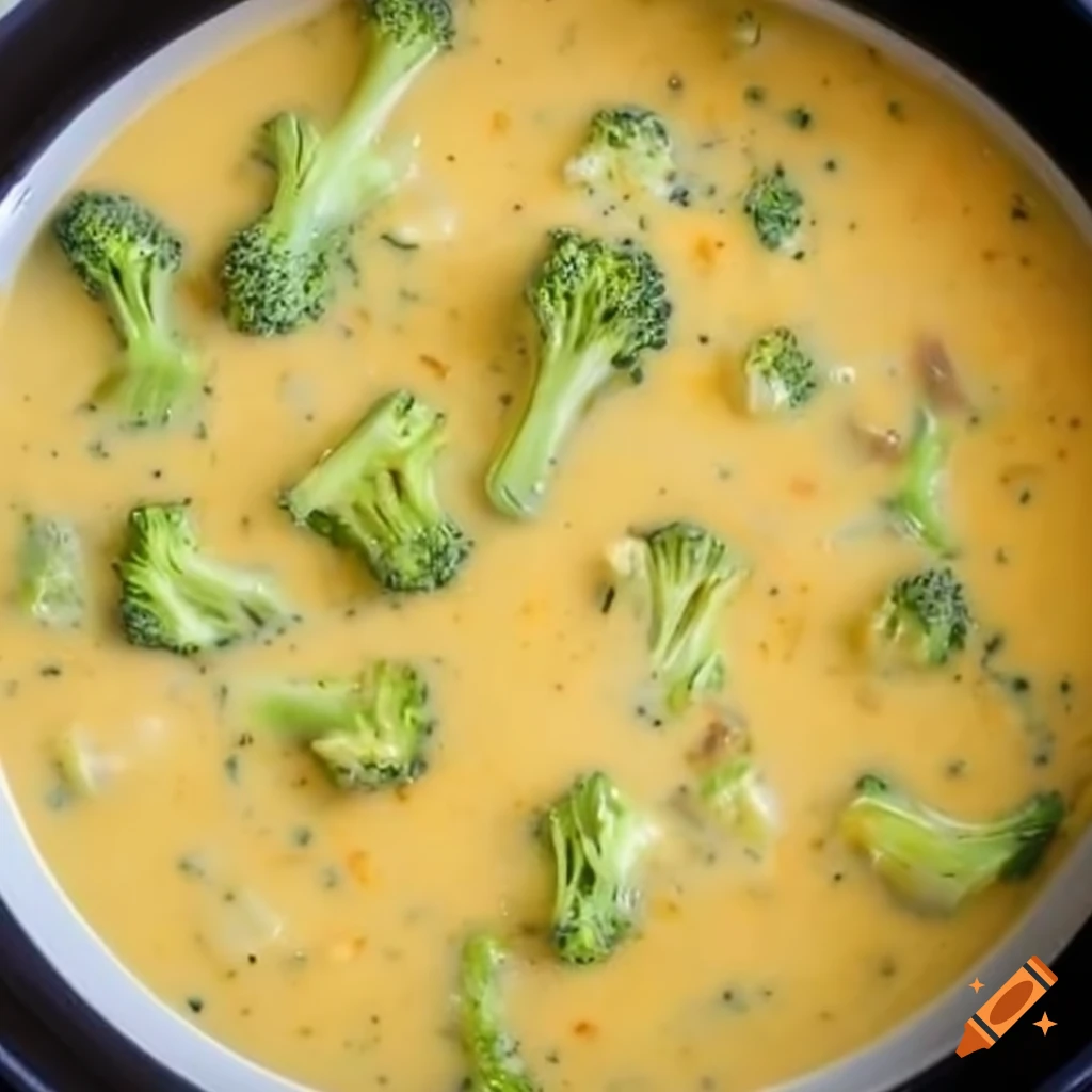 Broccoli cheddar soup with broccoli pieces spelling 'cheddar n broccoli'