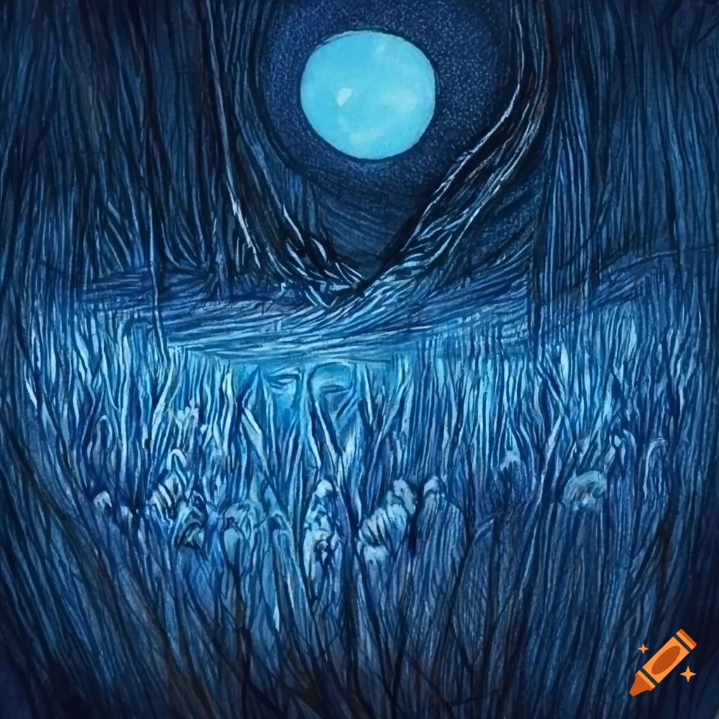 Illustration of a meadow at night in midnight blue, reminiscent of a picture book