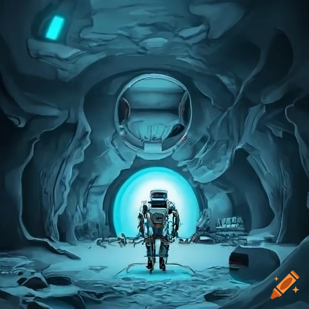 Sleek mechanical space pilot in an ice cave tunnel lab on Craiyon