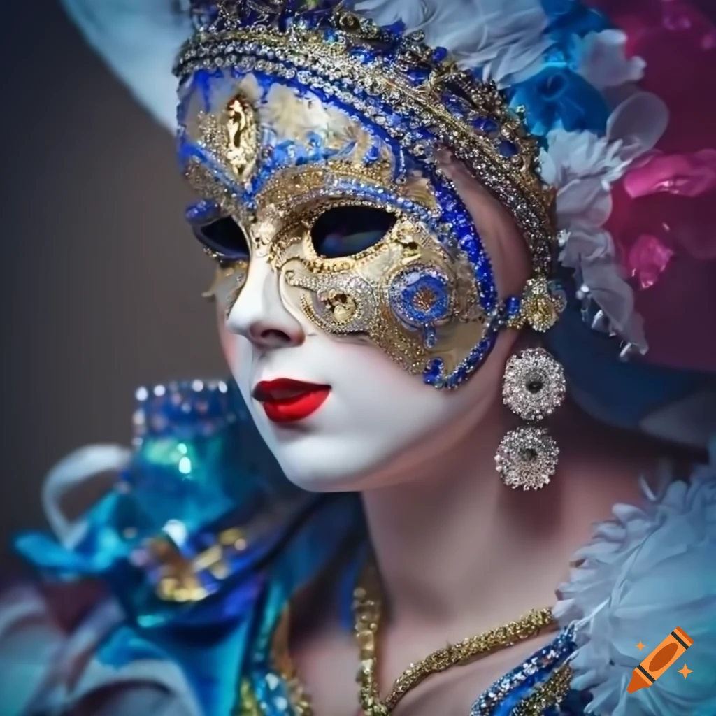 Close-up portrait of a woman in 18th century Venetian carnival with a colorful and luxurious mask