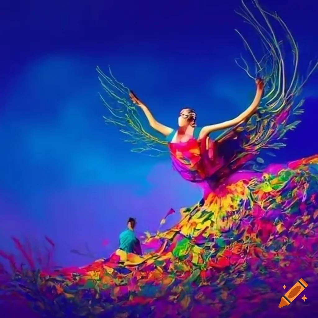 Colorful image of people with wings flying into an open-air theater