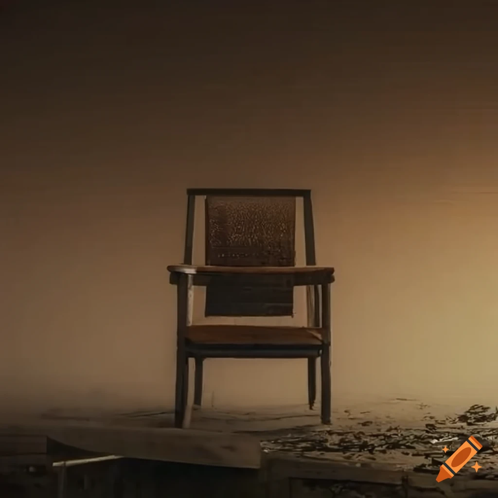 Old fashioned chair on rooftop of sinking abandoned building in golden fog
