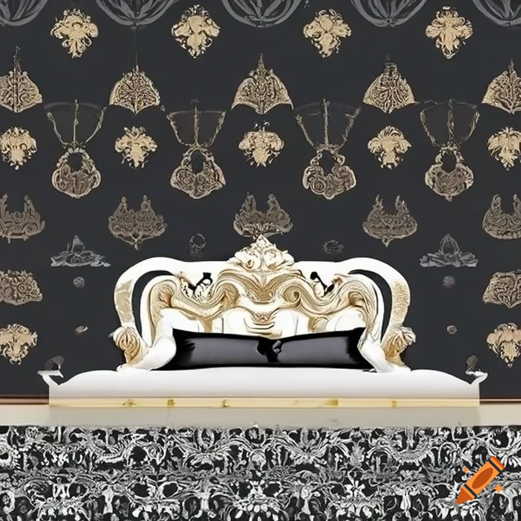 Elegant bedroom with black walls and royal colors on Craiyon