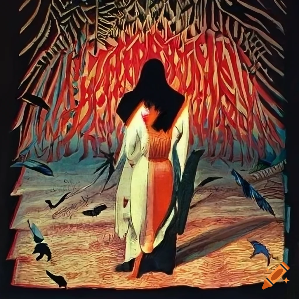 1930s Science Fiction pulp magazine cover with Arabic writing, red stars, owls, and crows