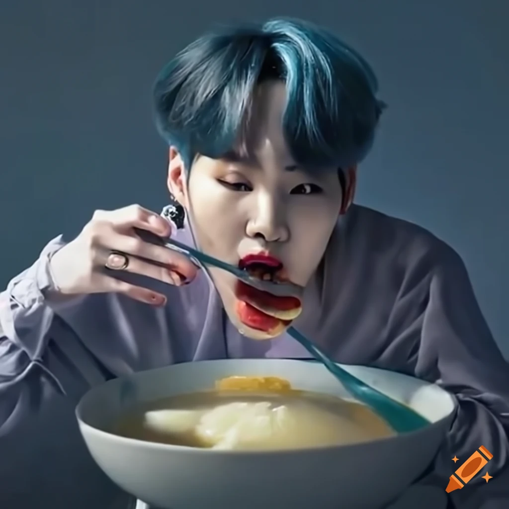 Suga from BTS enjoying a big bowl of soup
