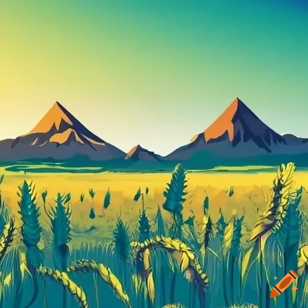 Anime style wheat field with mountains in the background