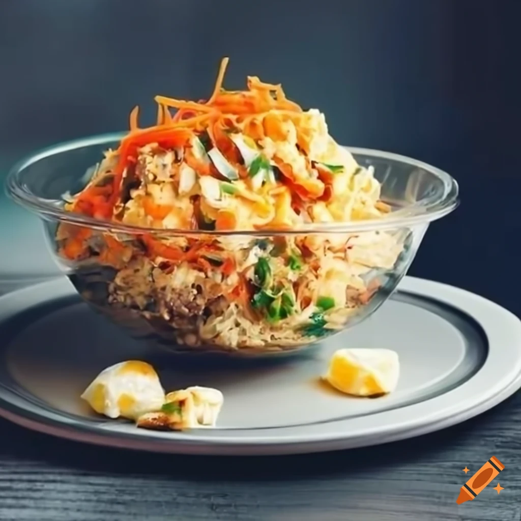 Korean carrot, mushroom, meat, and egg salad with mayonnaise in a transparent bowl