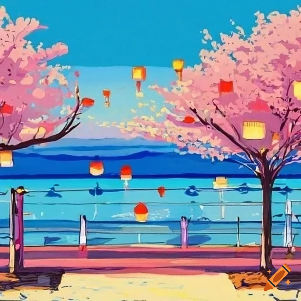 Pier with sakura trees and lanterns near the beach in a mid-20th century city