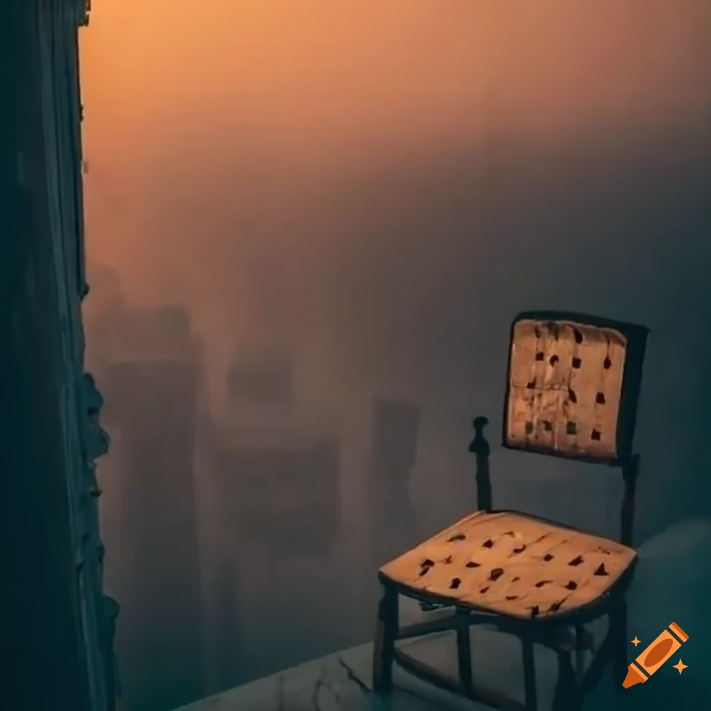 Old fashioned chair on rooftop of sinking abandoned building in golden fog