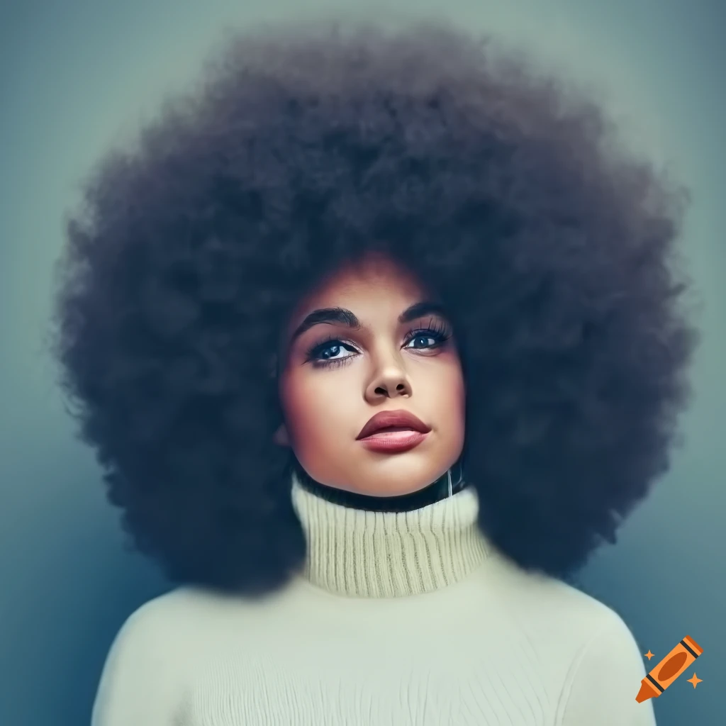 Portrait of a beautiful woman with a massive afro and white turtleneck sweater