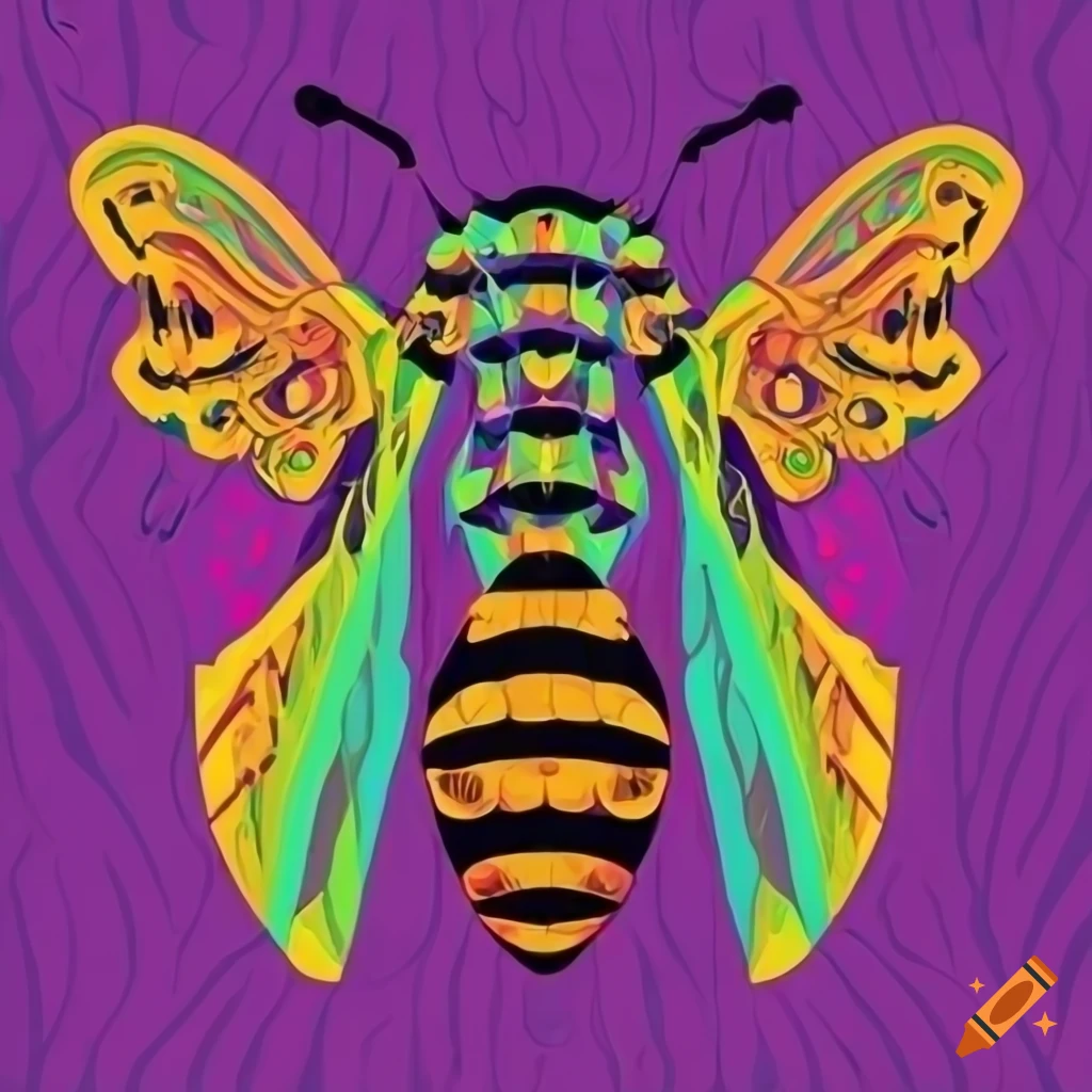 Stylized bee face with vibrant colors on a geometric linescape background