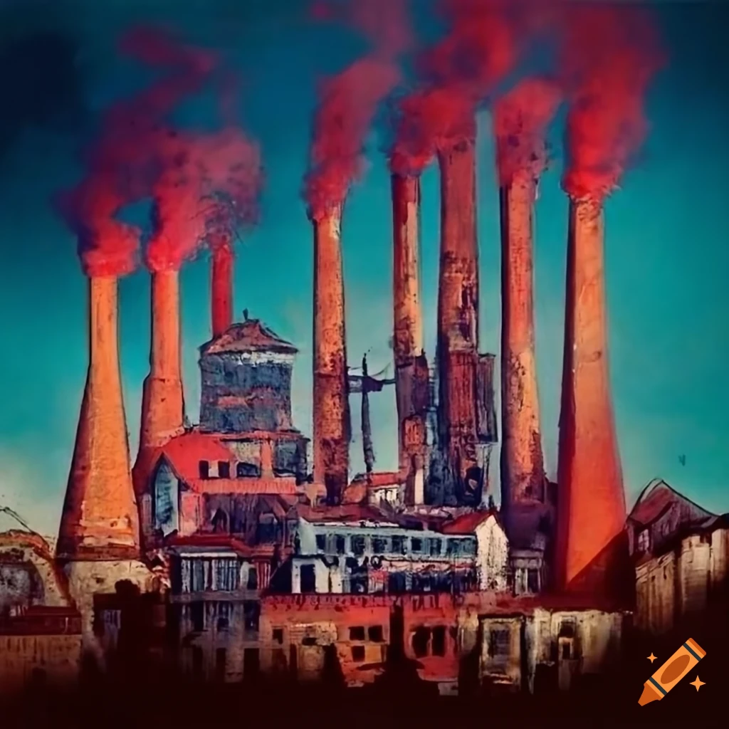 1800s French city with factories and tall smoke stacks in abstract blue and red splatter paint