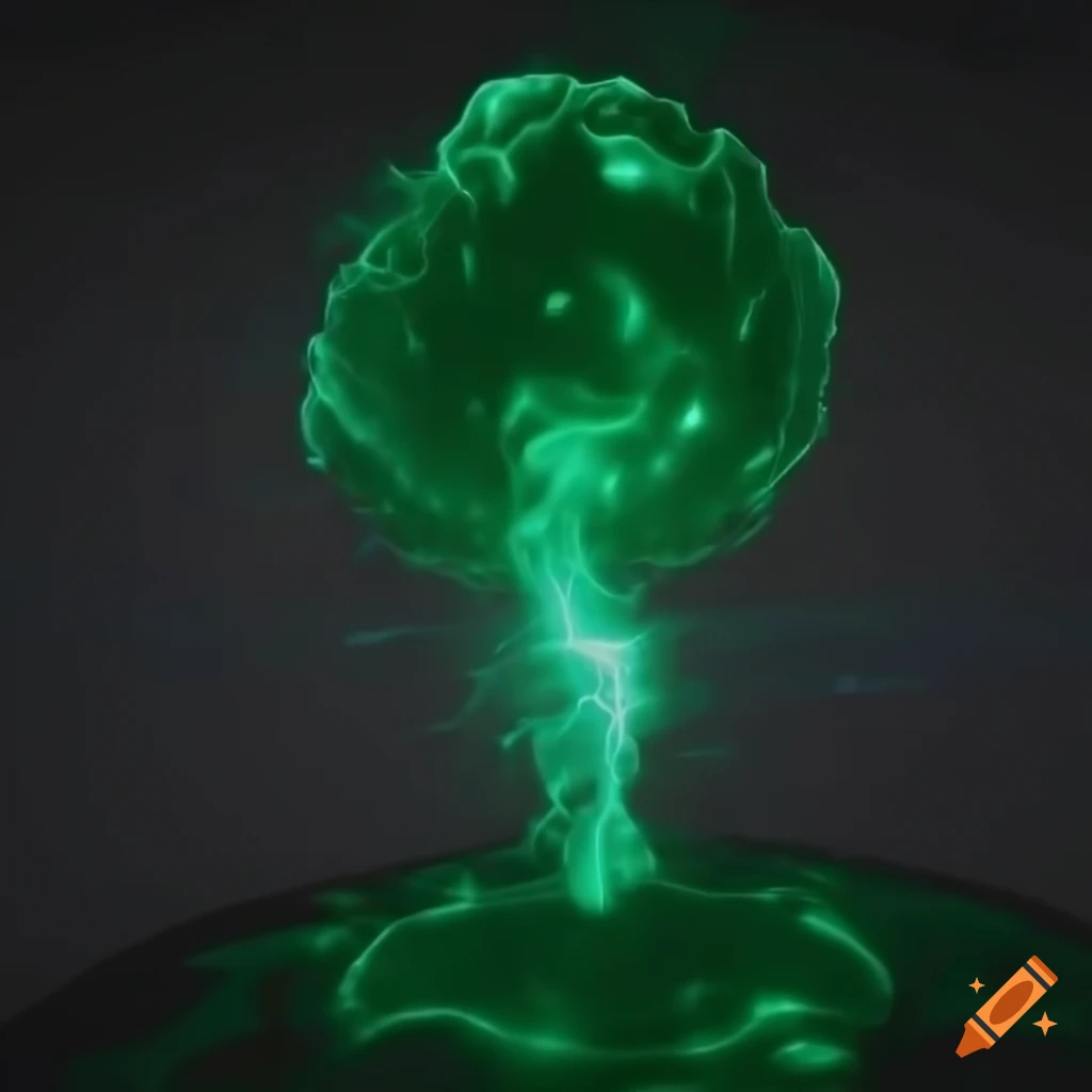 Green-cyan plasma fireball with lightning in a grey background
