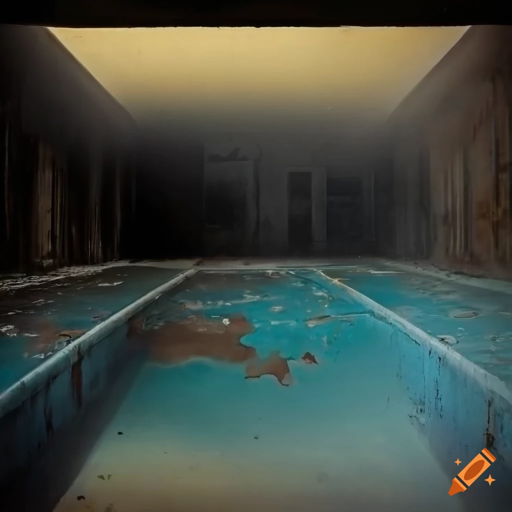 Abandoned black swimming pool with peeling pale paint and narrow