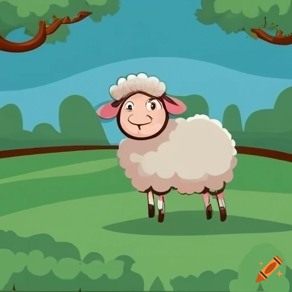 Adorable sheep in a whimsical cartoon style pastoral scene