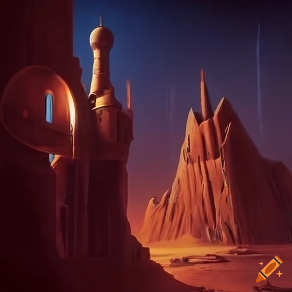 Sci-fi interior corridors of a castle on mars in the 1970s on Craiyon