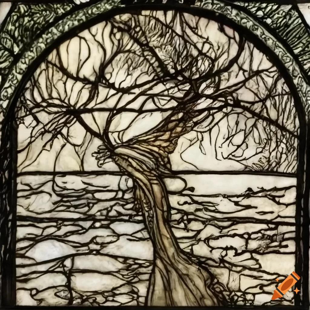 Stained glass meadow inspired by Arthur Rackham's style