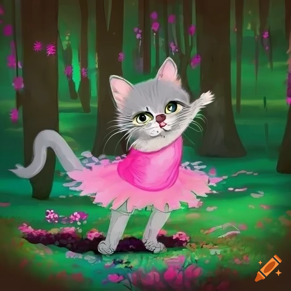 Gray kitten in pink tutu dancing in whimsical forest with neon flowers