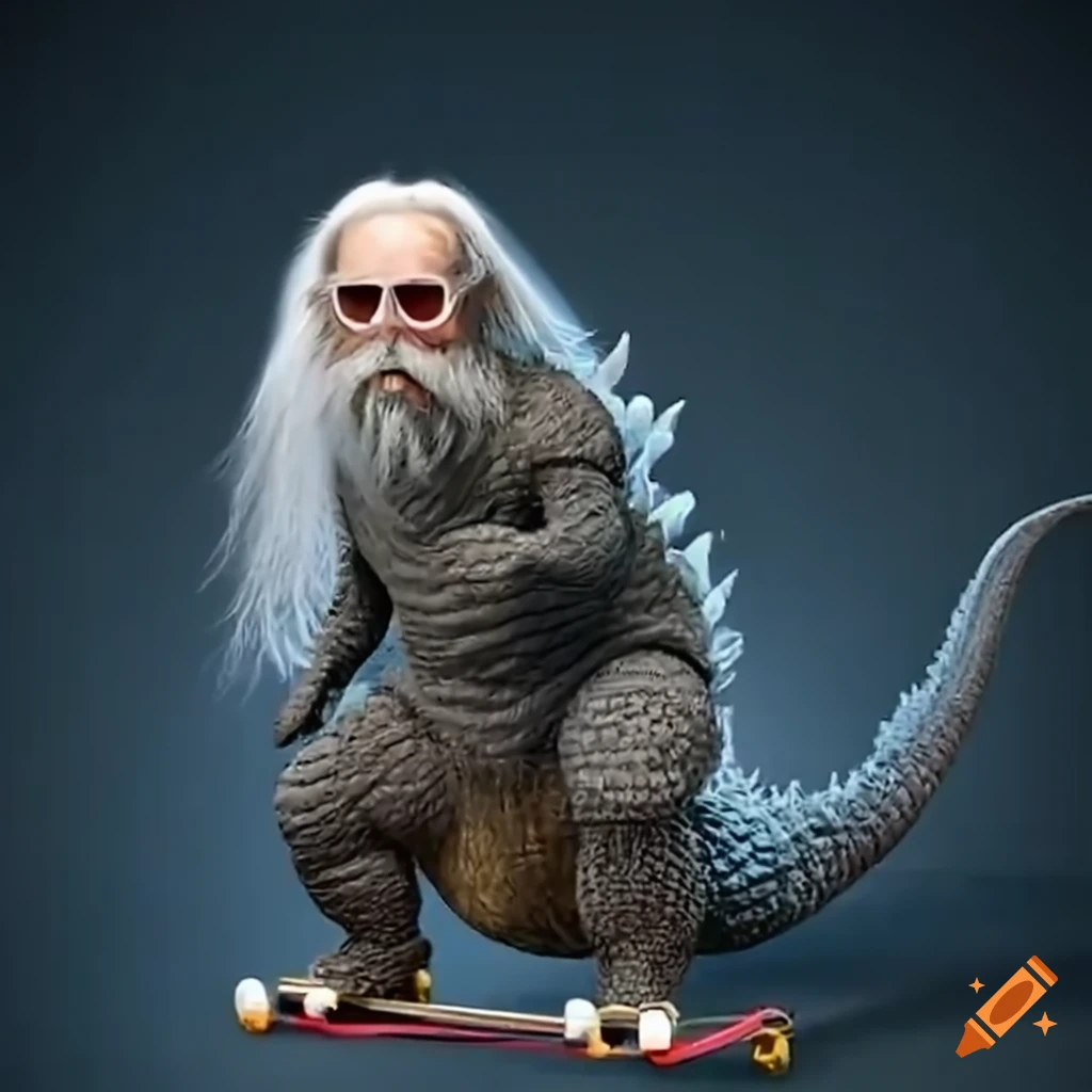Elderly man with long white hair and beards skateboarding with Godzilla