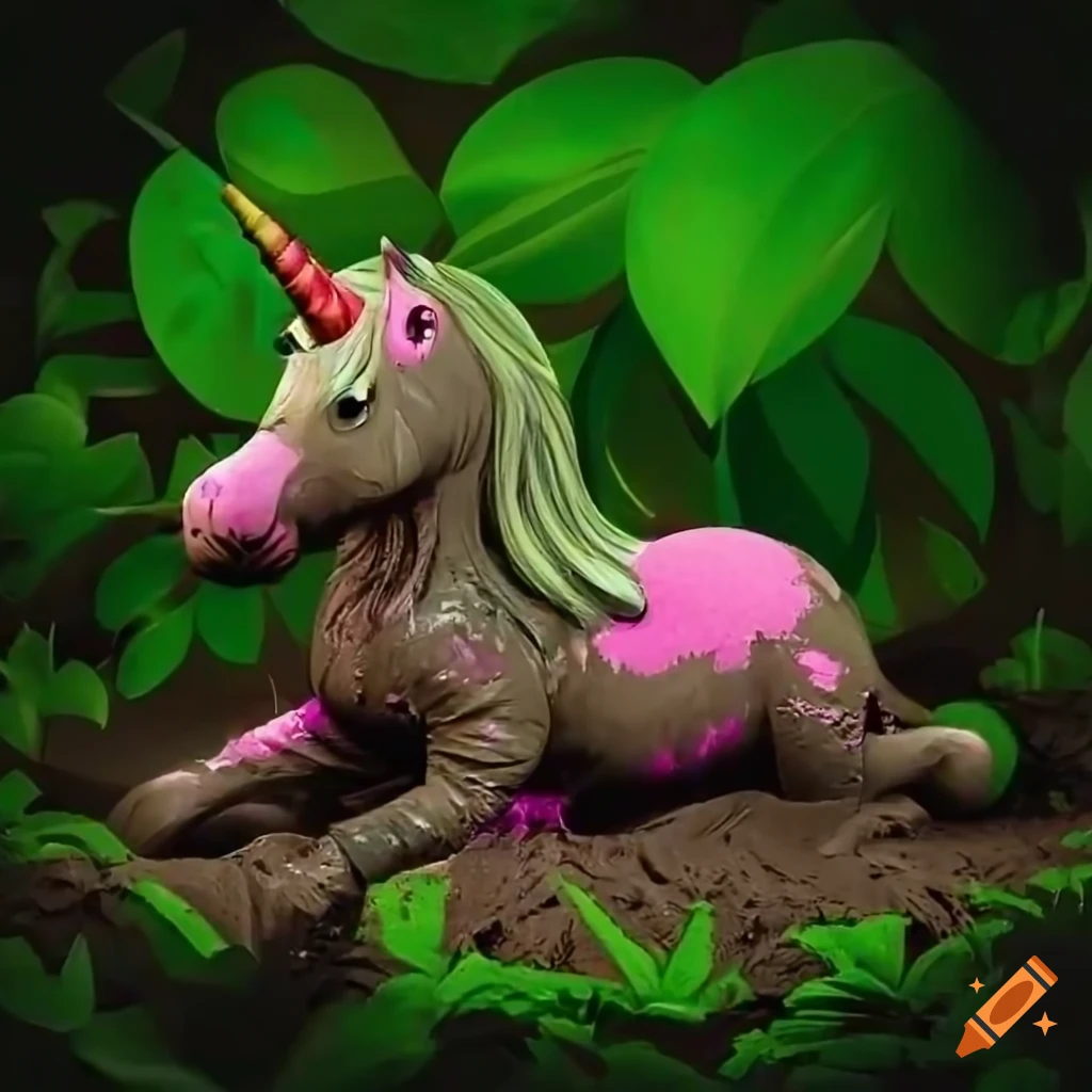 Muddy unicorn enjoying a spa treatment in the jungle
