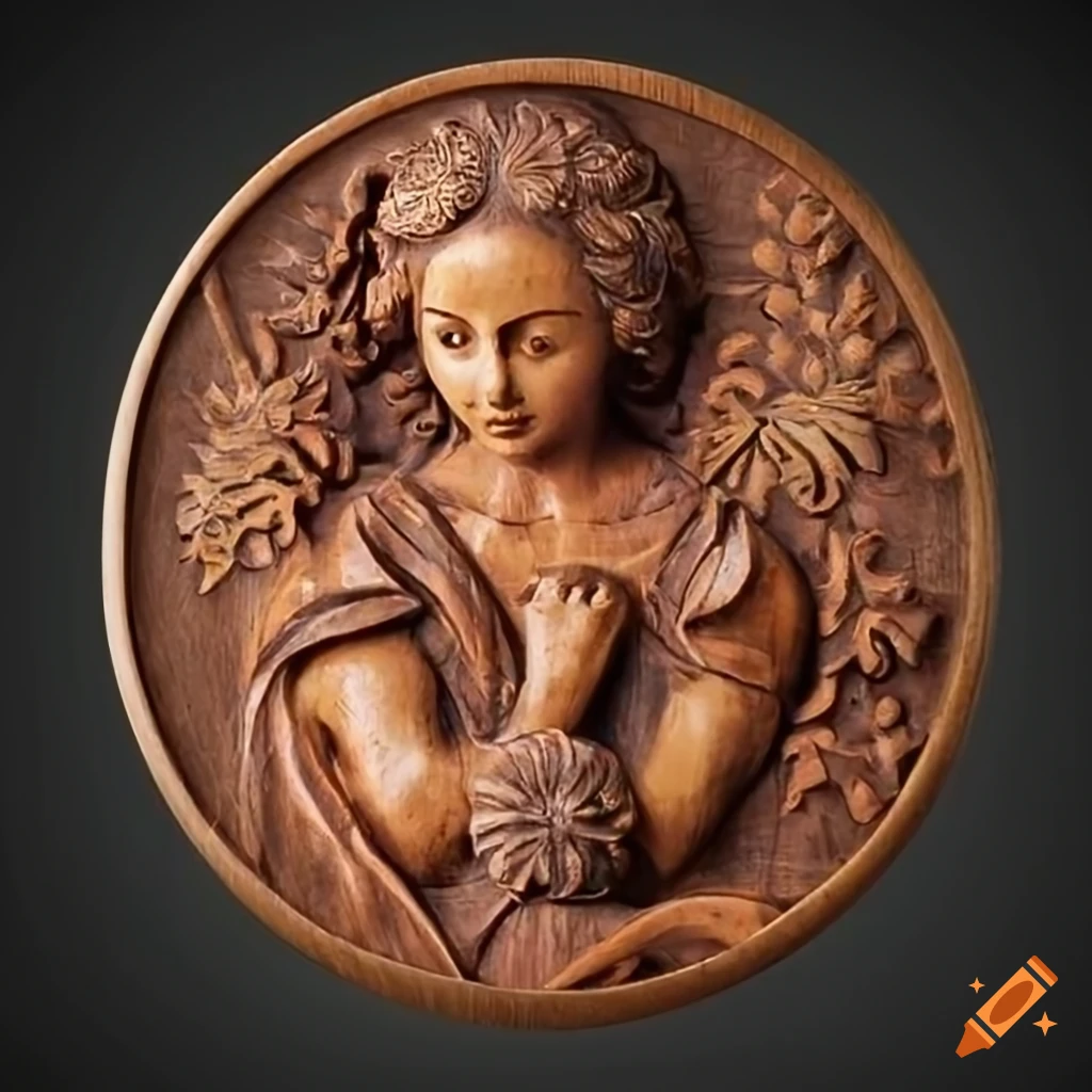 Wood carved medallion of a motherly figure holding herbs