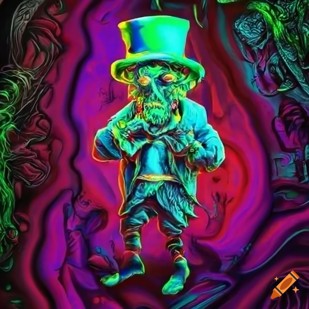 Detailed neon psychedelic illustration of a zombie leprechaun with