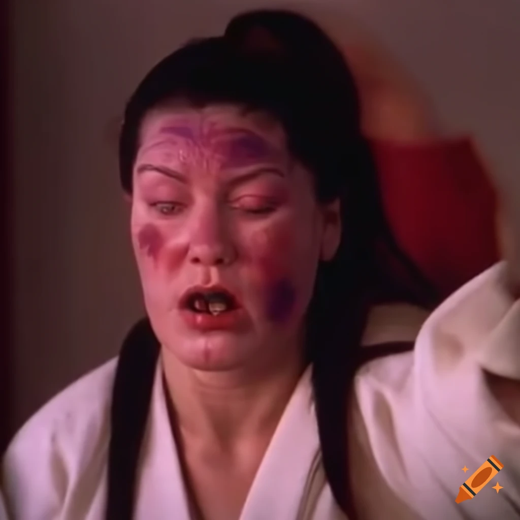 Brusied female martial arts fighter performing a headspin on Craiyon