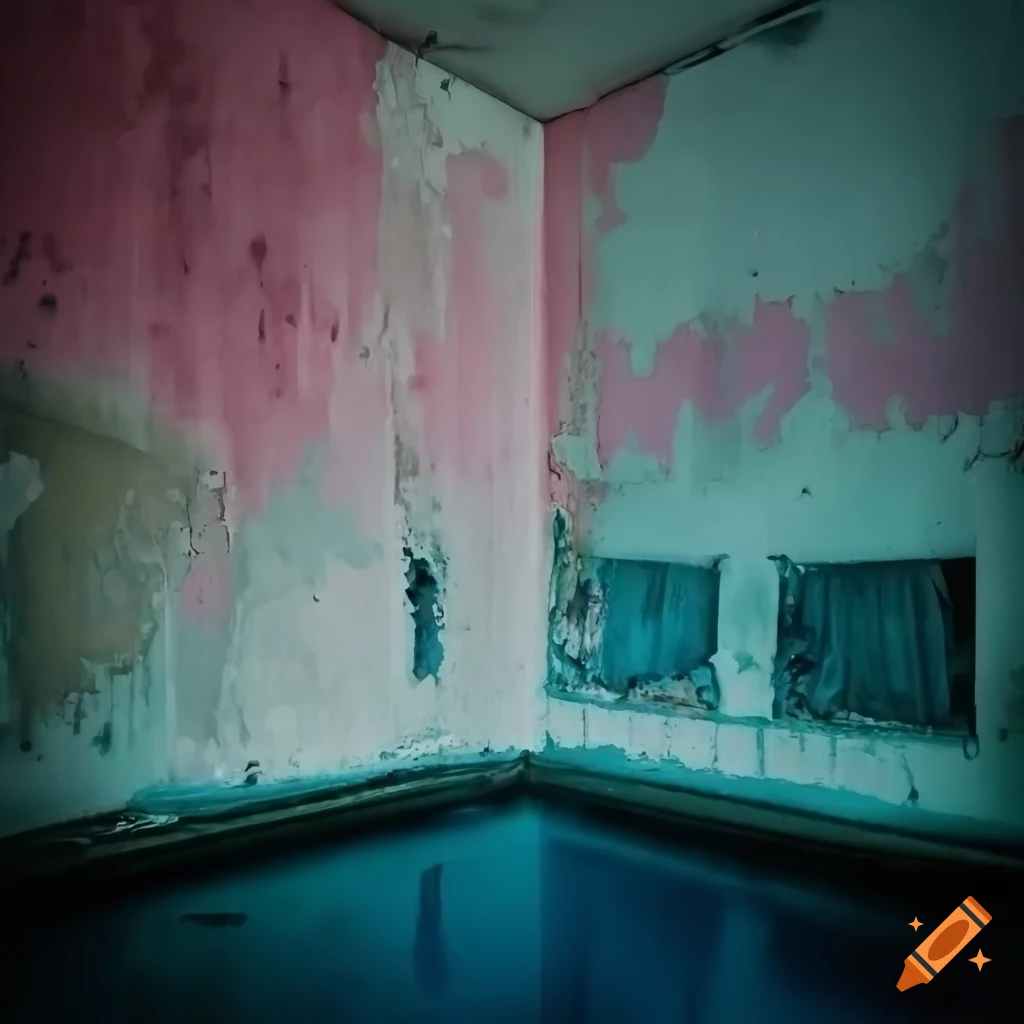 Abandoned laundry room with black swimming pool, peeling pale pink