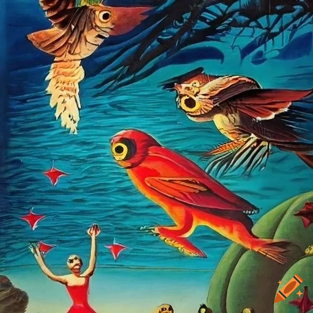 1930s Science Fiction pulp magazine cover with Arabic writing, red stars, owls, and crows