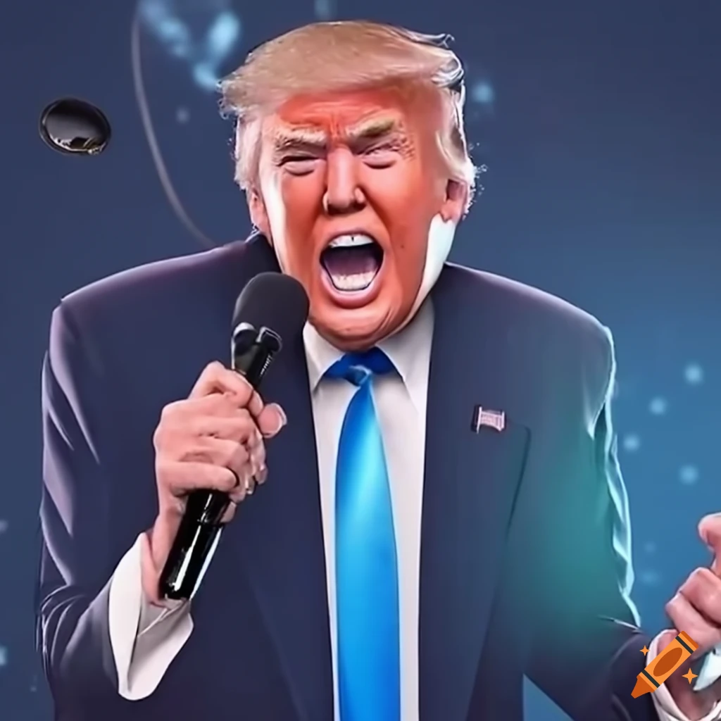 Satirical image of donald trump singing karaoke in zero gravity on Craiyon