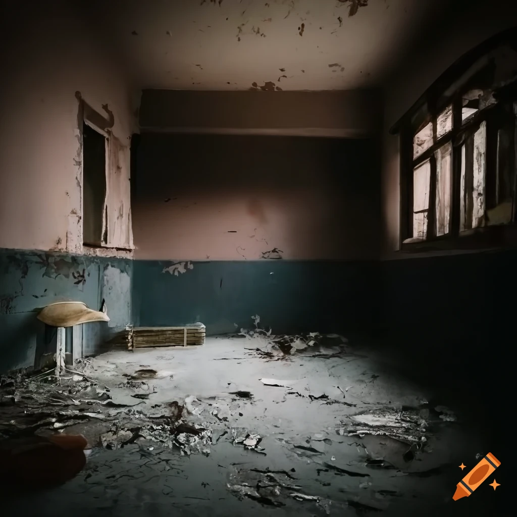 Abandoned laundry room with black swimming pool, peeling pale pink paint, and narrow windows in heavenly gold fog