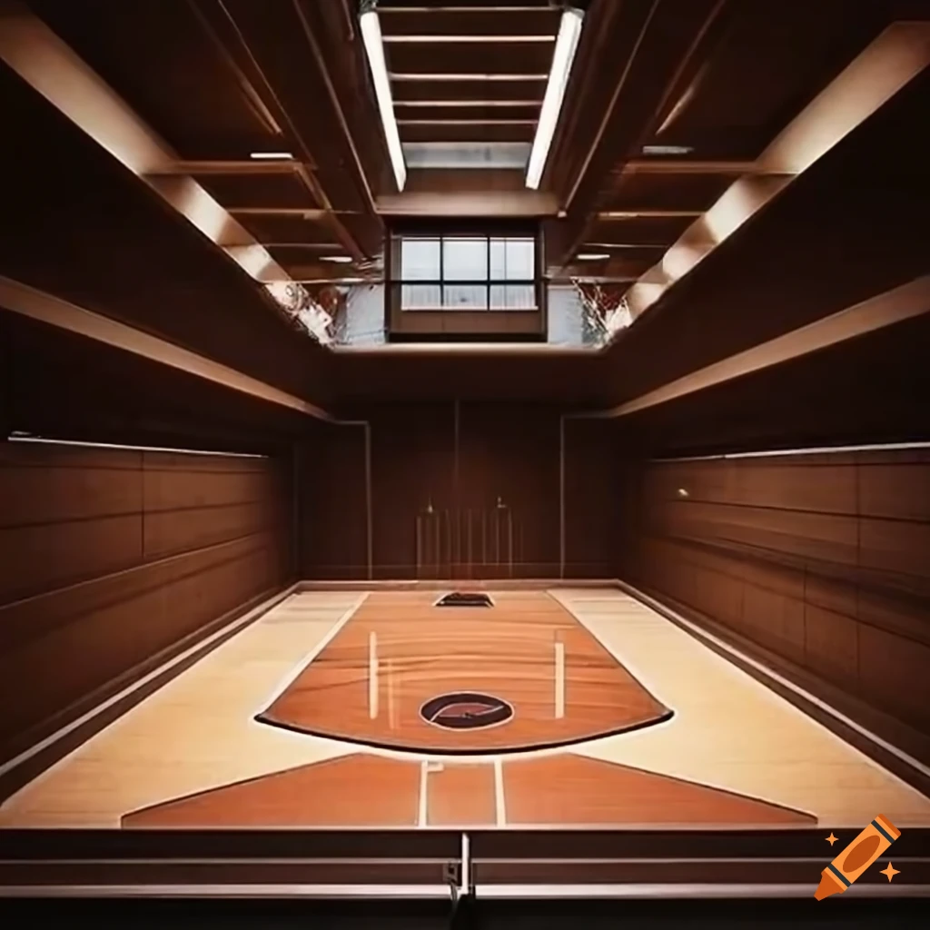 Japanese indoor basketball court with stairs leading to another floor