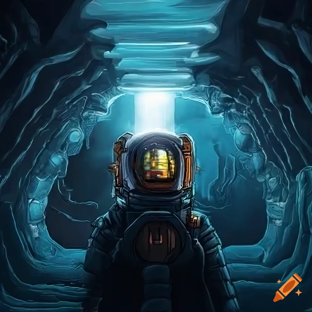 Sleek mechanical space pilot in an ice cave tunnel lab on Craiyon