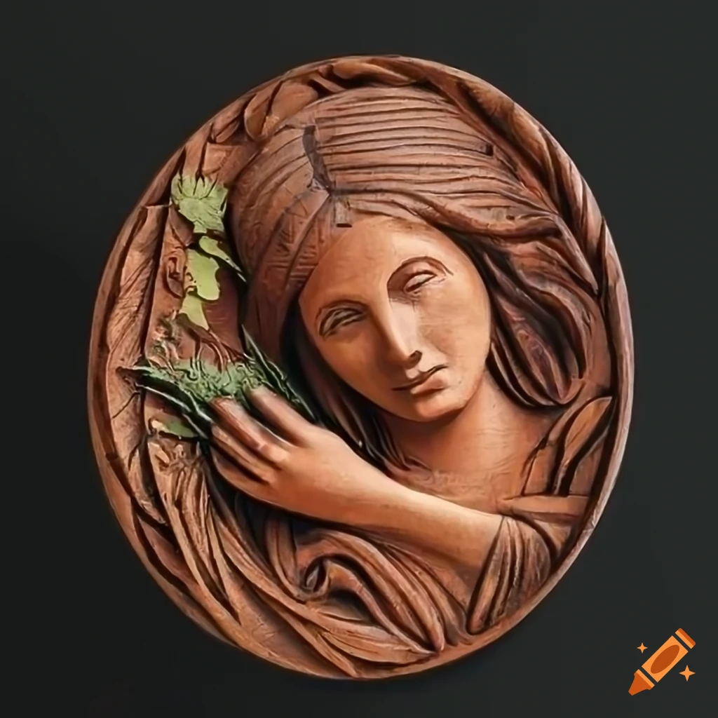 Wood carved medallion of a woman's hand holding herbs