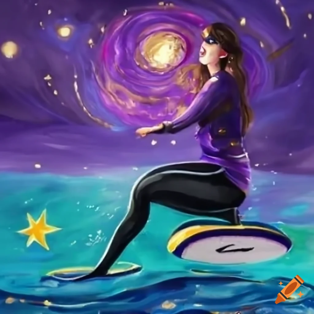 Kiply in purple shirt and blindfold surfing on a manta ray with exploding star in the sky