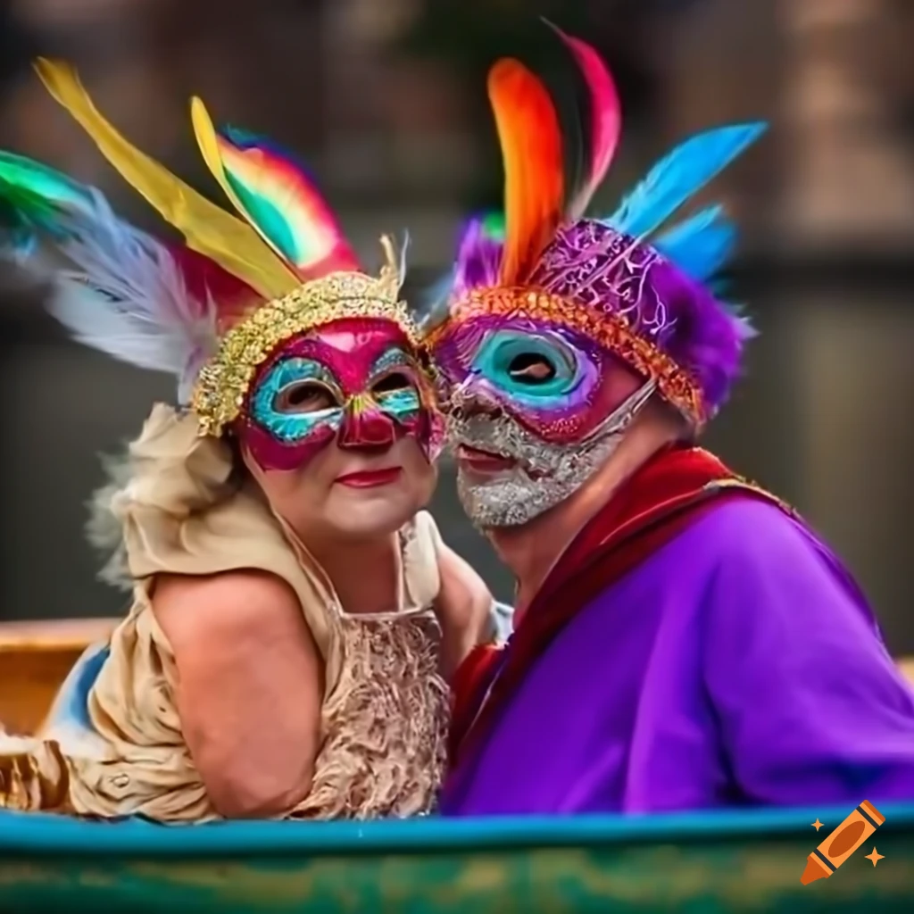 Colorful carnival person wearing feathered mask and old couple in a boat on  Craiyon