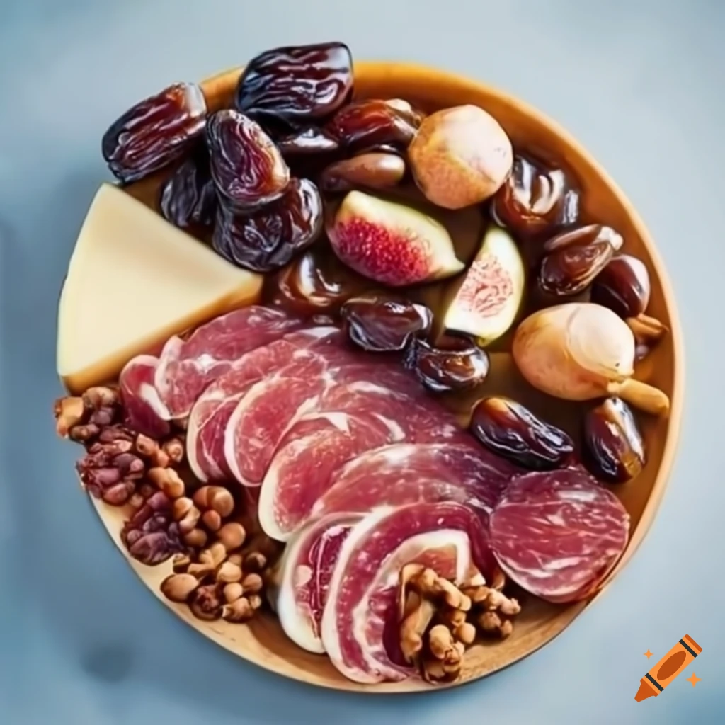 Charcuterie board with dates, figs, cured meats, and cheeses