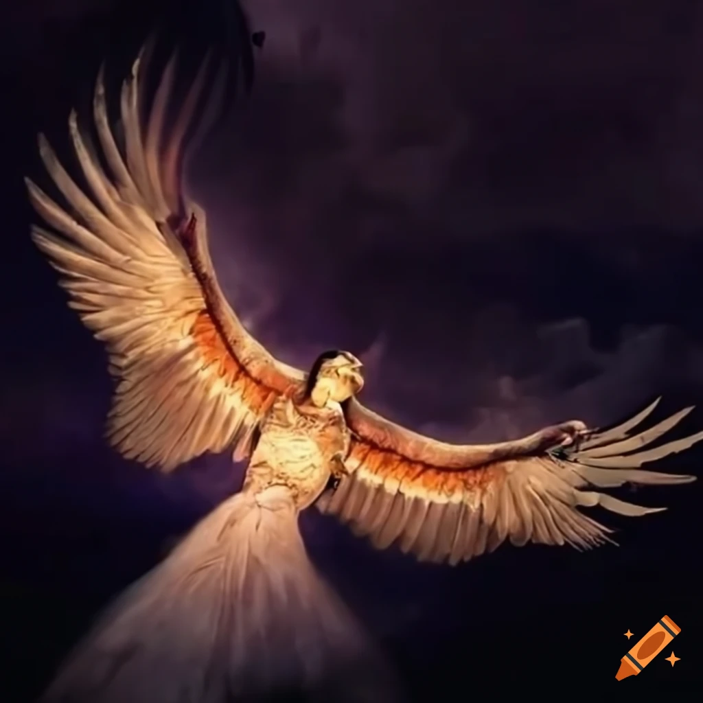 Skywoman with indigenous features riding on an eagle with wings on both sides
