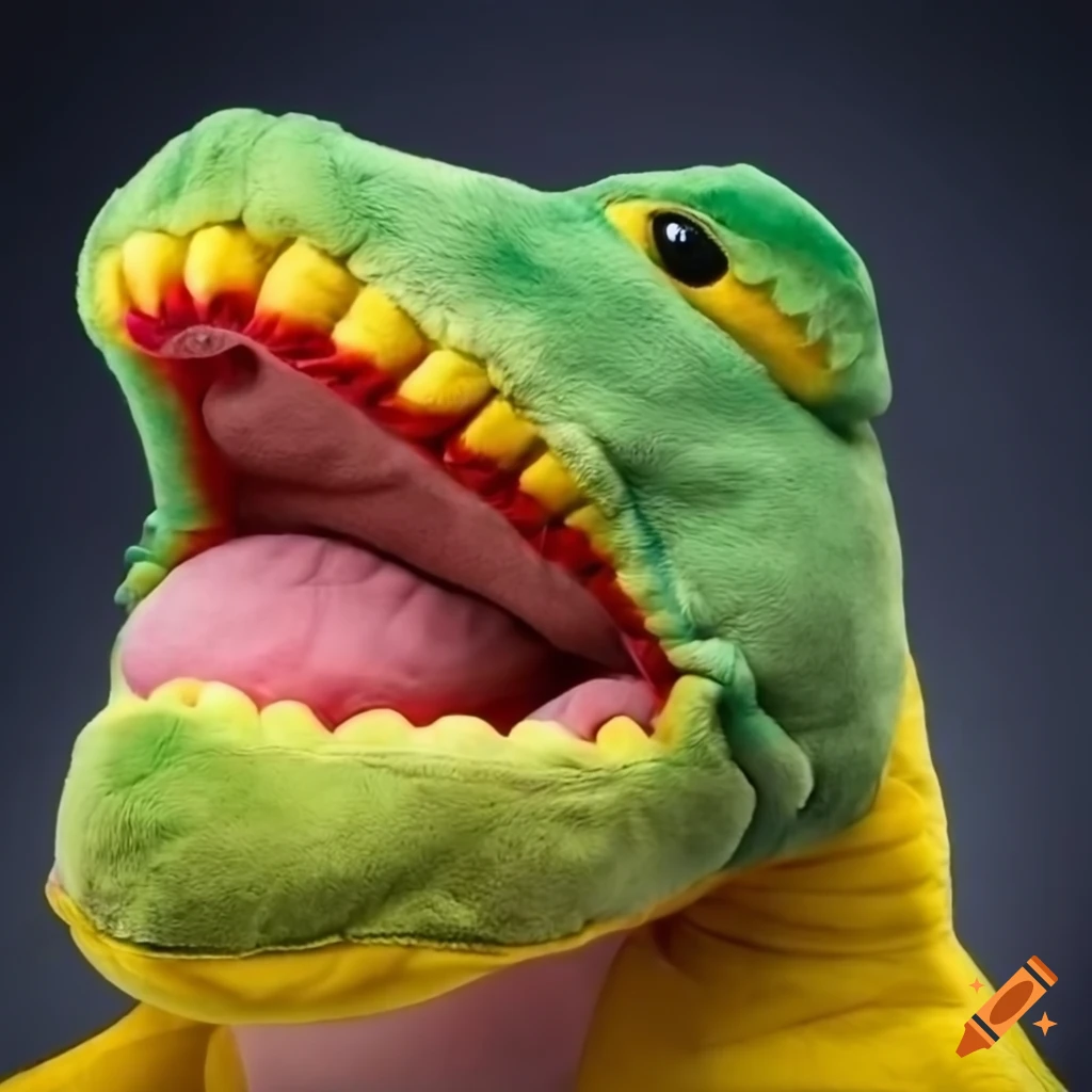 Green dinosaur plushy cuddling with a red-haired woman