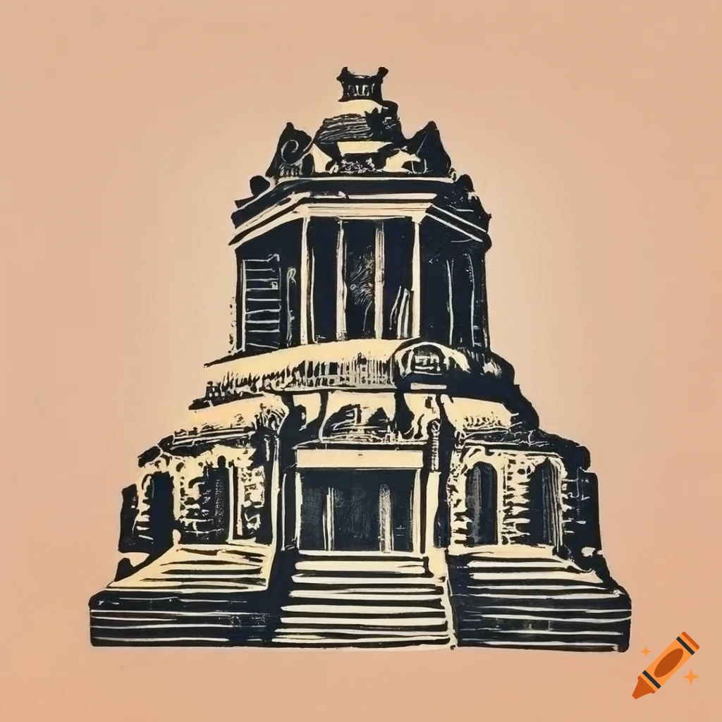 Linocut print of Leipziger Völkerschlachtdenkmal in front of light brown background