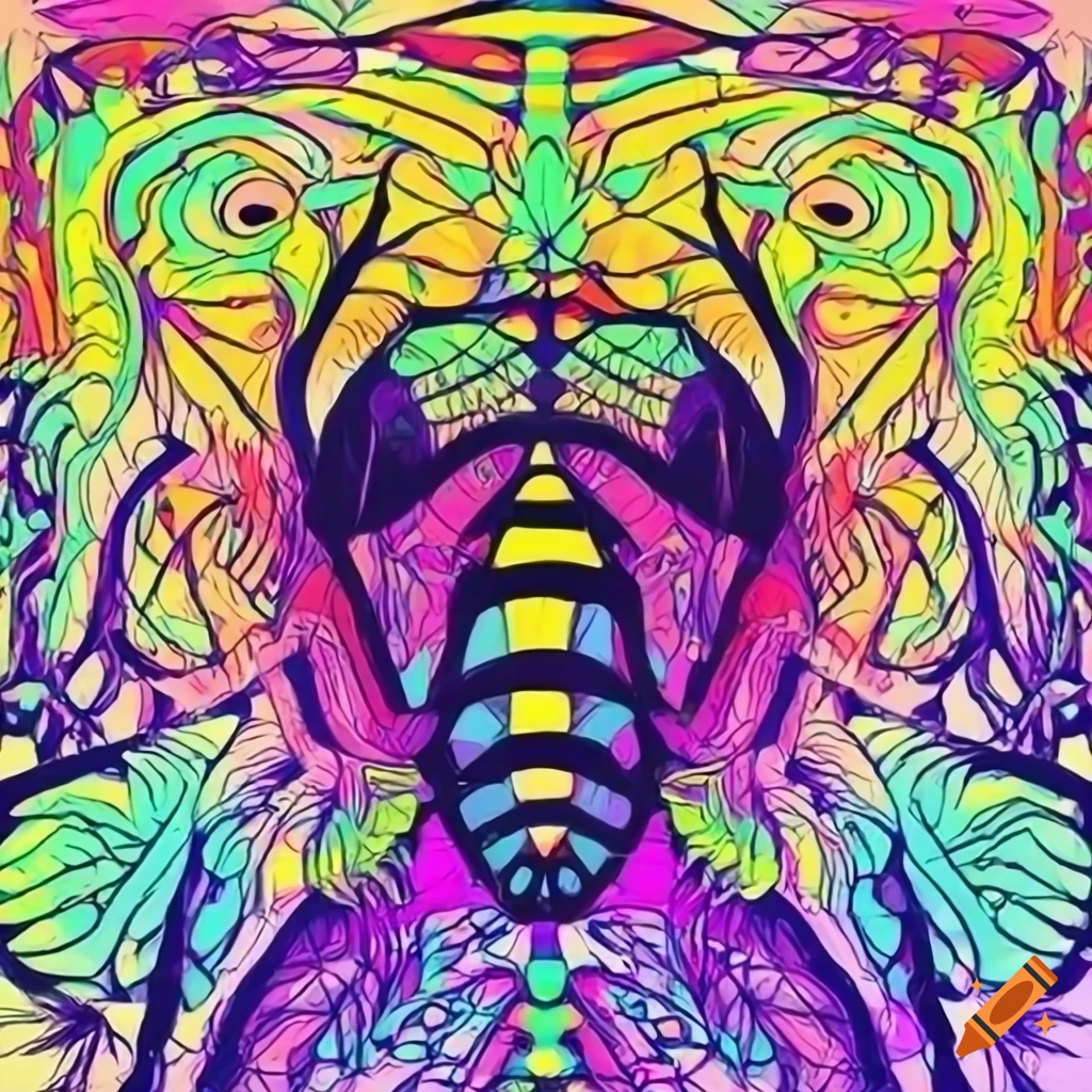 Stylized bee face with vibrant colors on a geometric linescape background