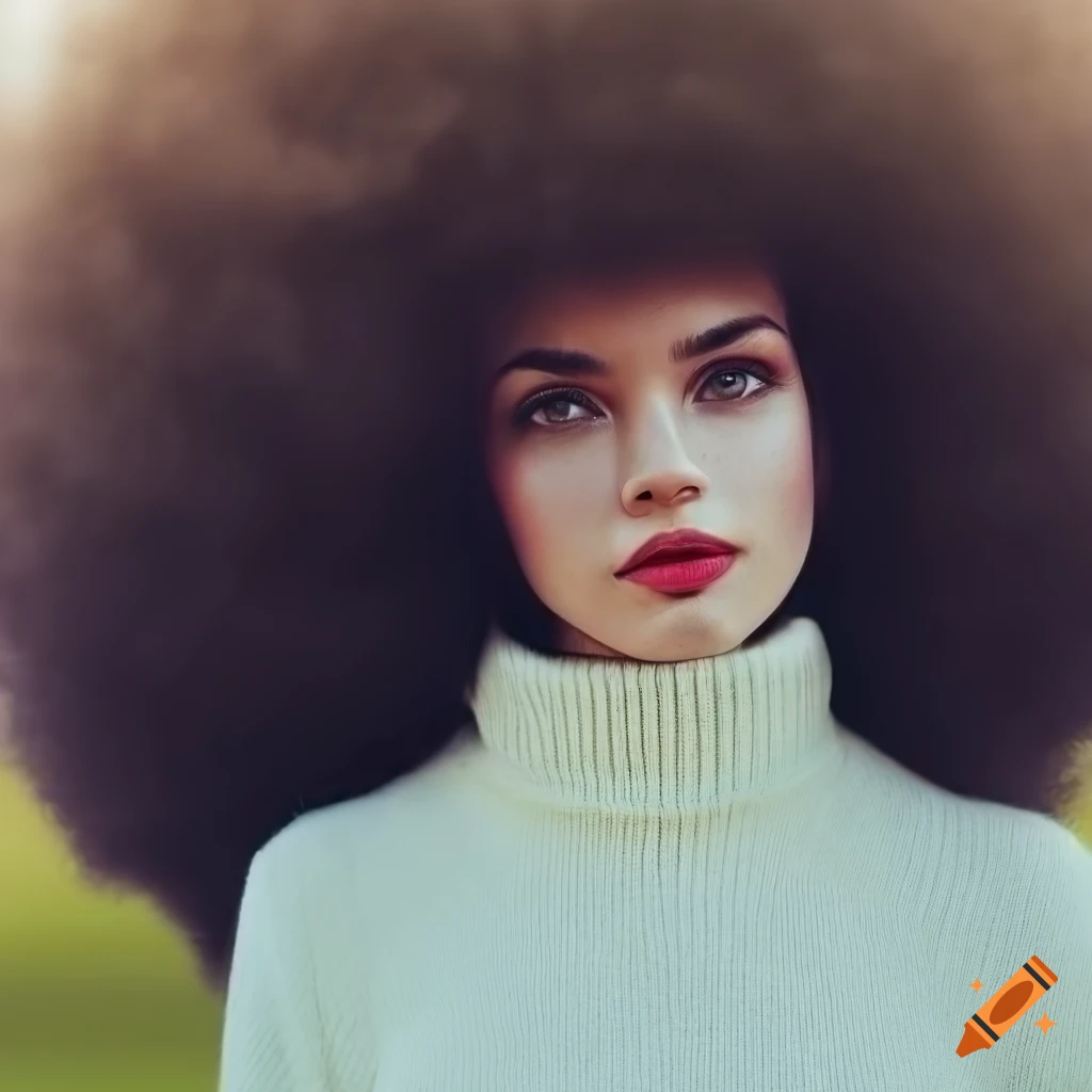 Beautiful woman with massive afro in white turtleneck sweater on college campus